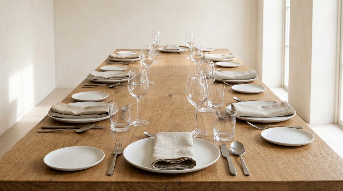 The Lino and Corda settings for eight, before anyone arrives.
