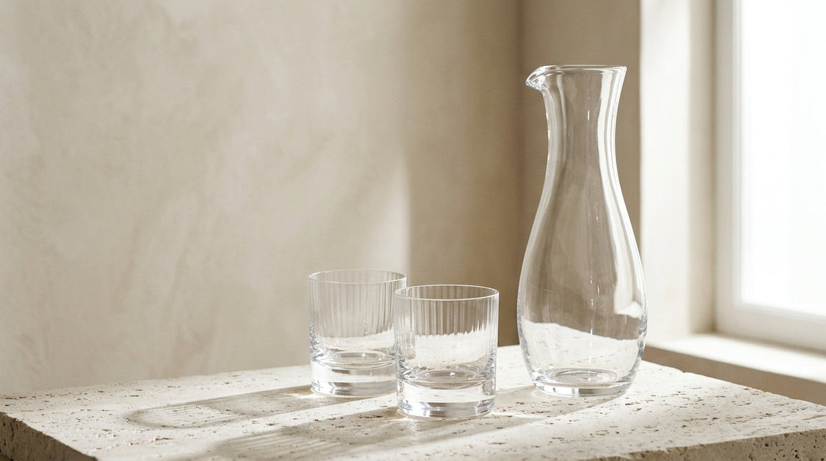 A Vela carafe and two Onda tumblers, mouth-blown and pressed, side by side.