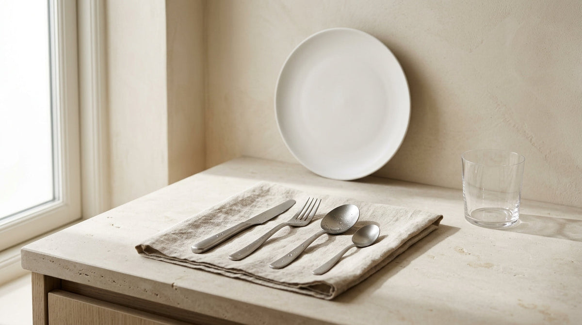 Corda cutlery drying on linen after washing.